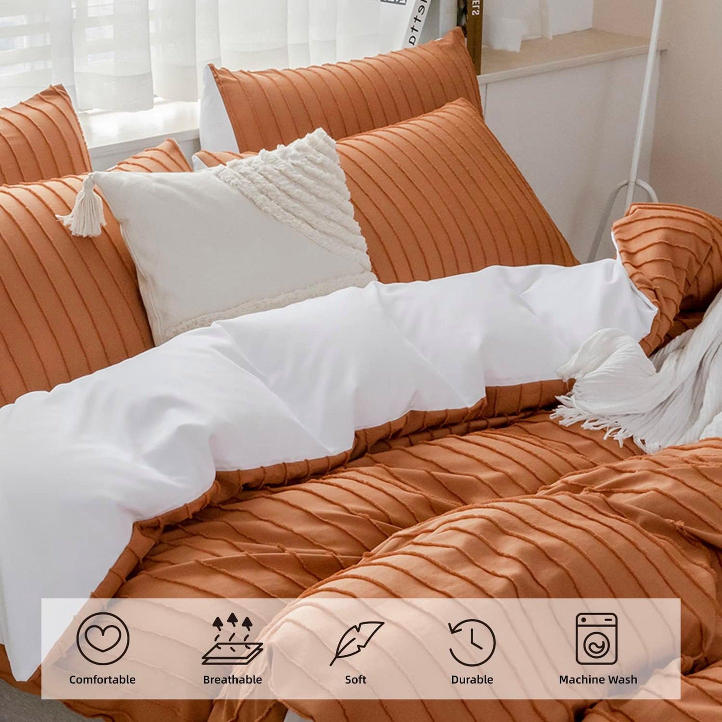 JELLYMONI Duvet Cover King Size Rust and White - 3PCS Boho Striped Duvet Cover Set Polyester Tufted Bohemian Textured Comforter Cover with Corner Ties & Zipper Closure