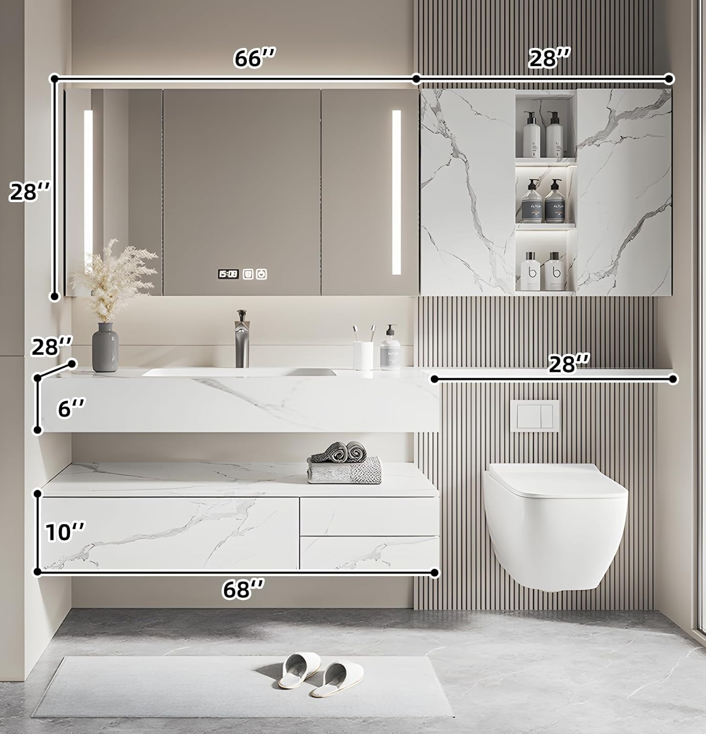 Floating Bathroom Vanity with Sink, Solid Wood Bathroom Vanity Set, Smart Defogging Mirror & Induction Side Cabinet & Large Storage - Elegant Bathroom Vanities (White,68IN)