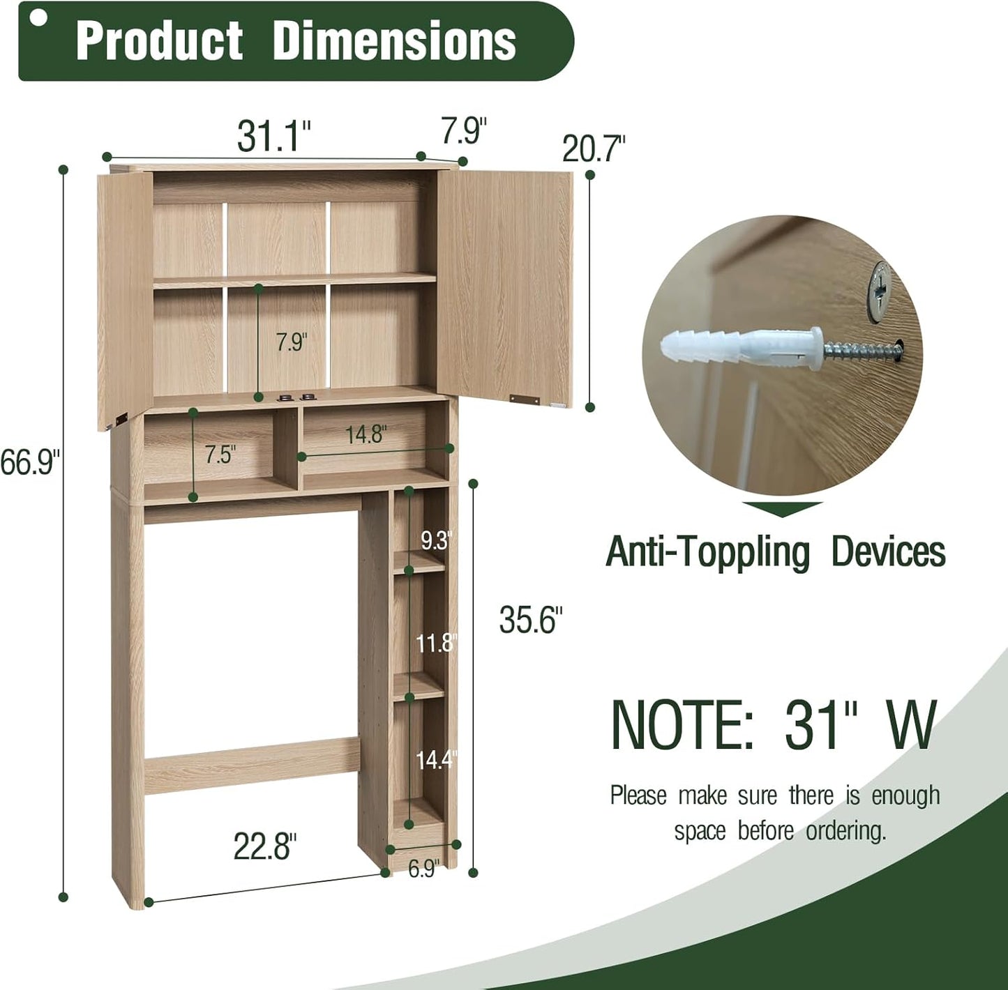 31" W Over The Toilet Storage Cabinet with Fluted Door, Oak Bathroom Organizer with Adjustable Shelf, Natural Toilet Paper Holder Stand Wave Door for Restroom, Laundry Room