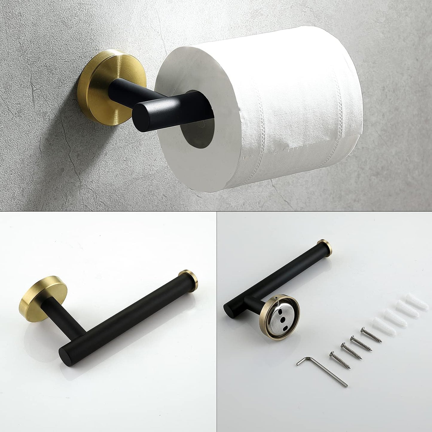 4 Piece Stainless Steel Matte Black and Brushed Gold Bathroom Hardware Set Include Hand Towel Ring Holder, Toilet Paper Holder,and 2 Robe Towel Hooks,Bathroom Accessories Kit