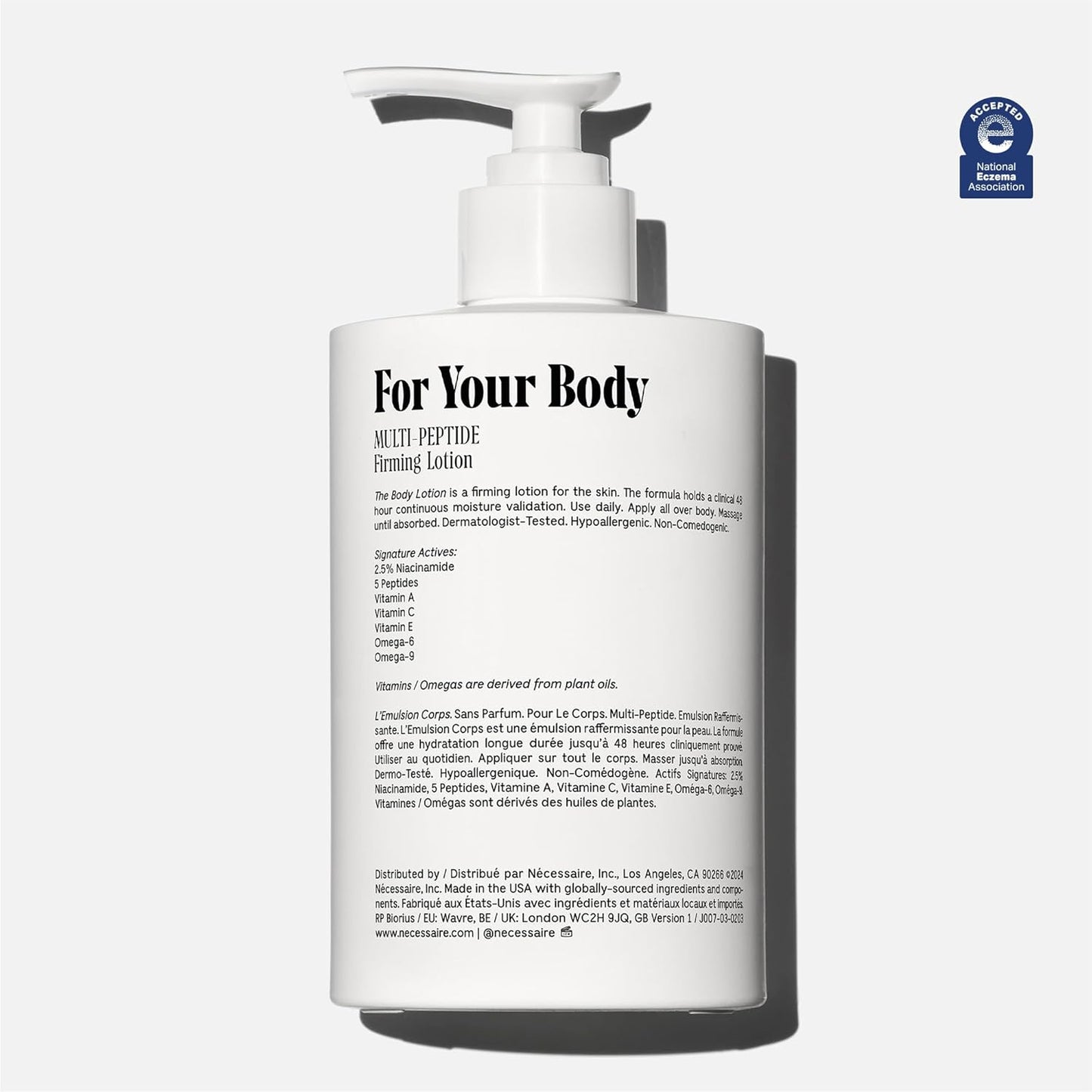 Nécessaire The Body Lotion Fragrance-Free — Unscented Multi-Peptide Body Moisturizer for Women + Men – Non-Comedogenic Lotion for Sensitive Skin – 450ml/15.2 fl oz