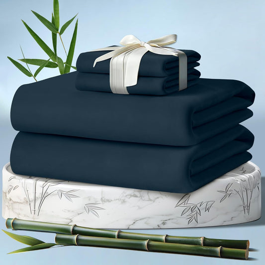 DECOLURE 100% Viscose Derived from Bamboo Sheets Cal King Size 4pcs - Ultra Soft & Luxuriously Cooling, 17" Deep Pocket, Double Stitching,Perfect for Hot Sleepers - King Bed Sheets (Navy Blue)
