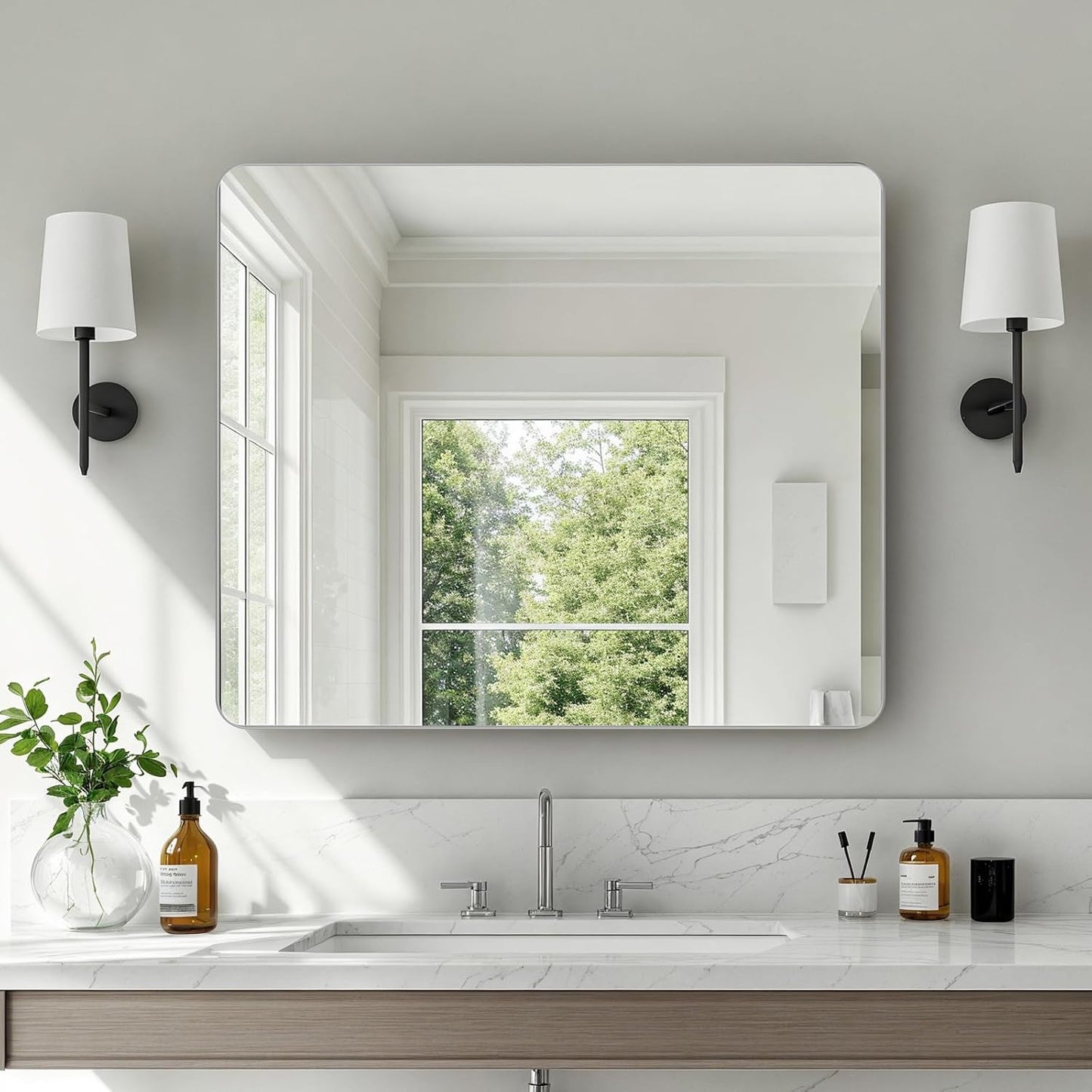 36x30"Bathroom Vanity Mirror for Wall, Aluminum Framed, Farmhouse Rectangle, Anti-Rust, HD Reflection Anti-Desilvering, Distortion Free, Tempered and Shatter-Proof Wall Mounted Mirror, Silver