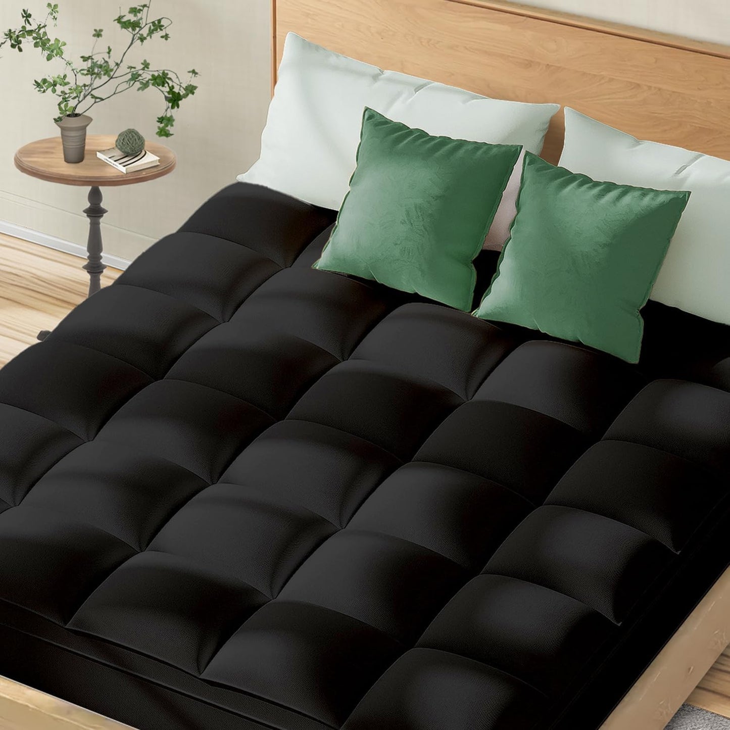 Topllen Queen Mattress Topper for Back Pain Relief, Extra Thick Pillow Top Plush Mattress Pad with Deep Pocket, Soft Pillowtop Queen Size Bed Toppers Filled Fluffy Down Alternative, Black