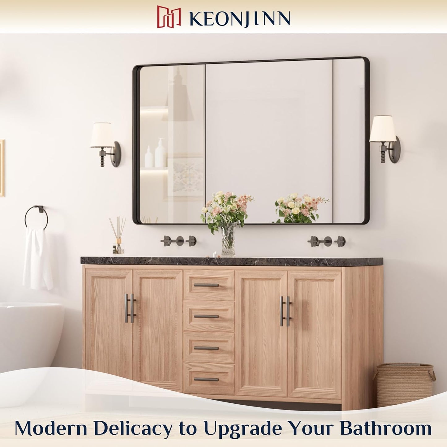 Keonjinn Black Bathroom Mirrors for Over Sink, 48” x 30” Large Rounded Rectangle Bathroom Vanity Mirror, Matte Black Modern Decorative Wall Mirror, Anti-Rust, HD Tempered Glass(Horizontal/Vertical)