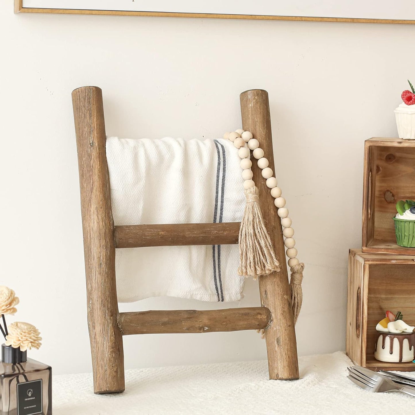 FUIN Fully Assembled Wooden Tea Towel Ladder, Mini Ladder Towel Rack Display Hanger, Small Rustic Farmhouse Tea Towel Stand Holder for Country Bathroom Decor, Brown