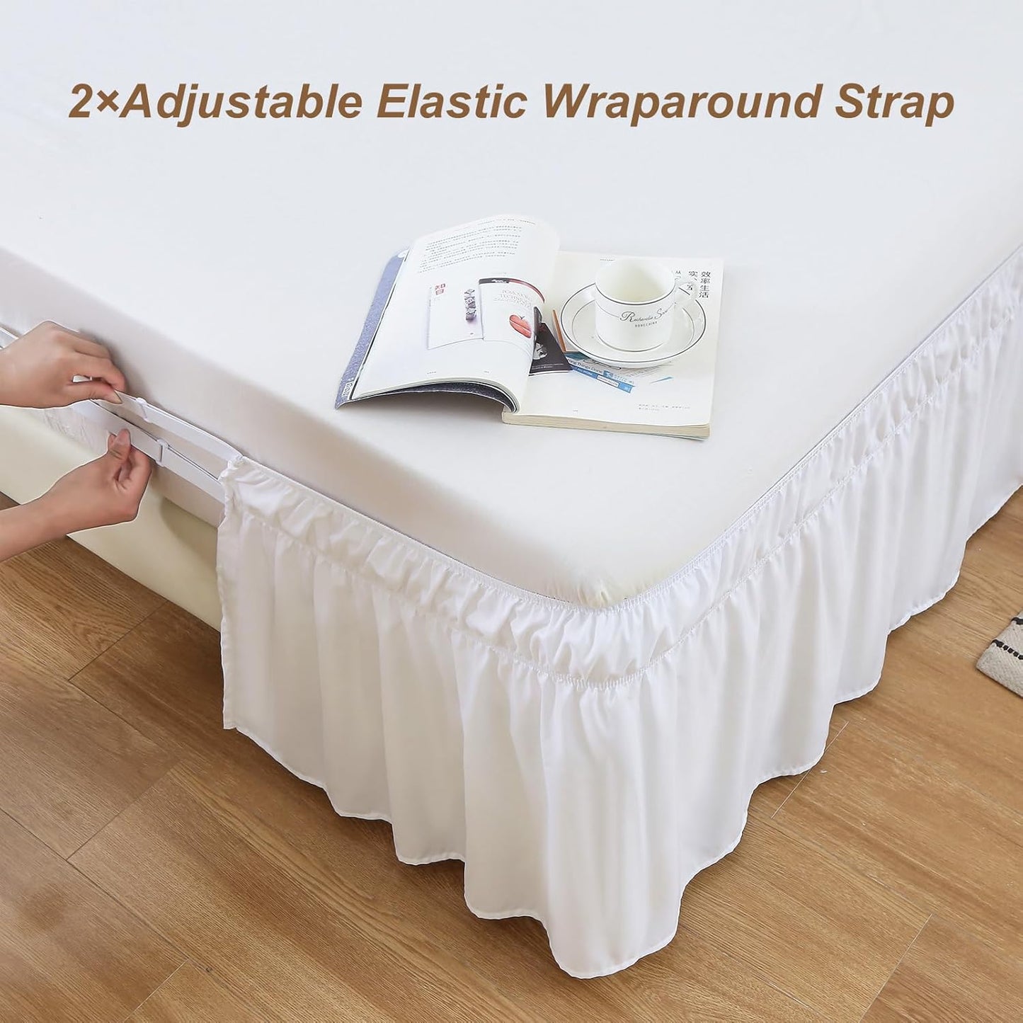 MEILA Wrap Around Bed Skirt Three Fabric Sides Elastic Dust Ruffled 18 Inch Tailored Drop,Easy to Install Fade Resistant-Natural White, Queen/King