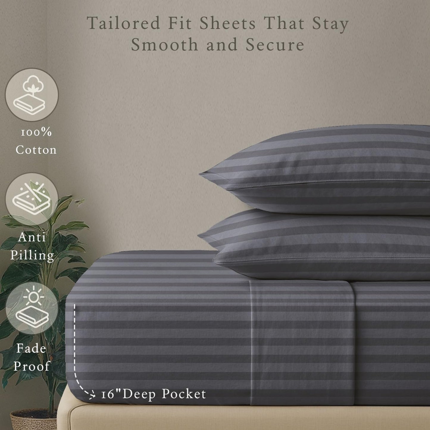 Threadmill 500 Thread Count Queen Size Damask Stripe, 4 Pc Luxury Cotton Sheet Set, Silky Smooth Dark Grey Sheets with 16" Elasticized Deep Pocket, 2 Pillowcases & Free Tote Bag