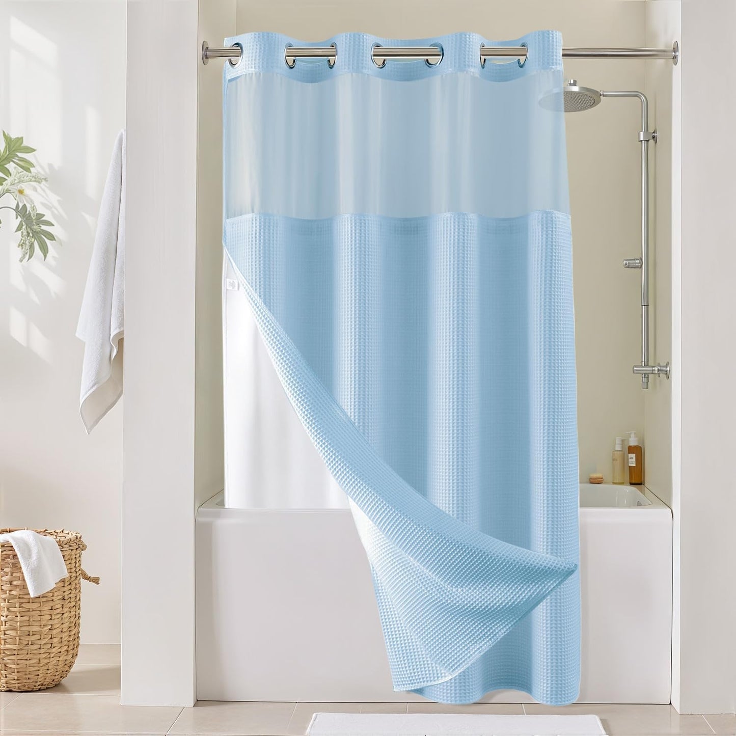 River Dream Sky Blue Fabric Shower Curtain Set, Cotton Blend, Waffle Weave, with Snap in Replacement Liner，54 x 80 inches
