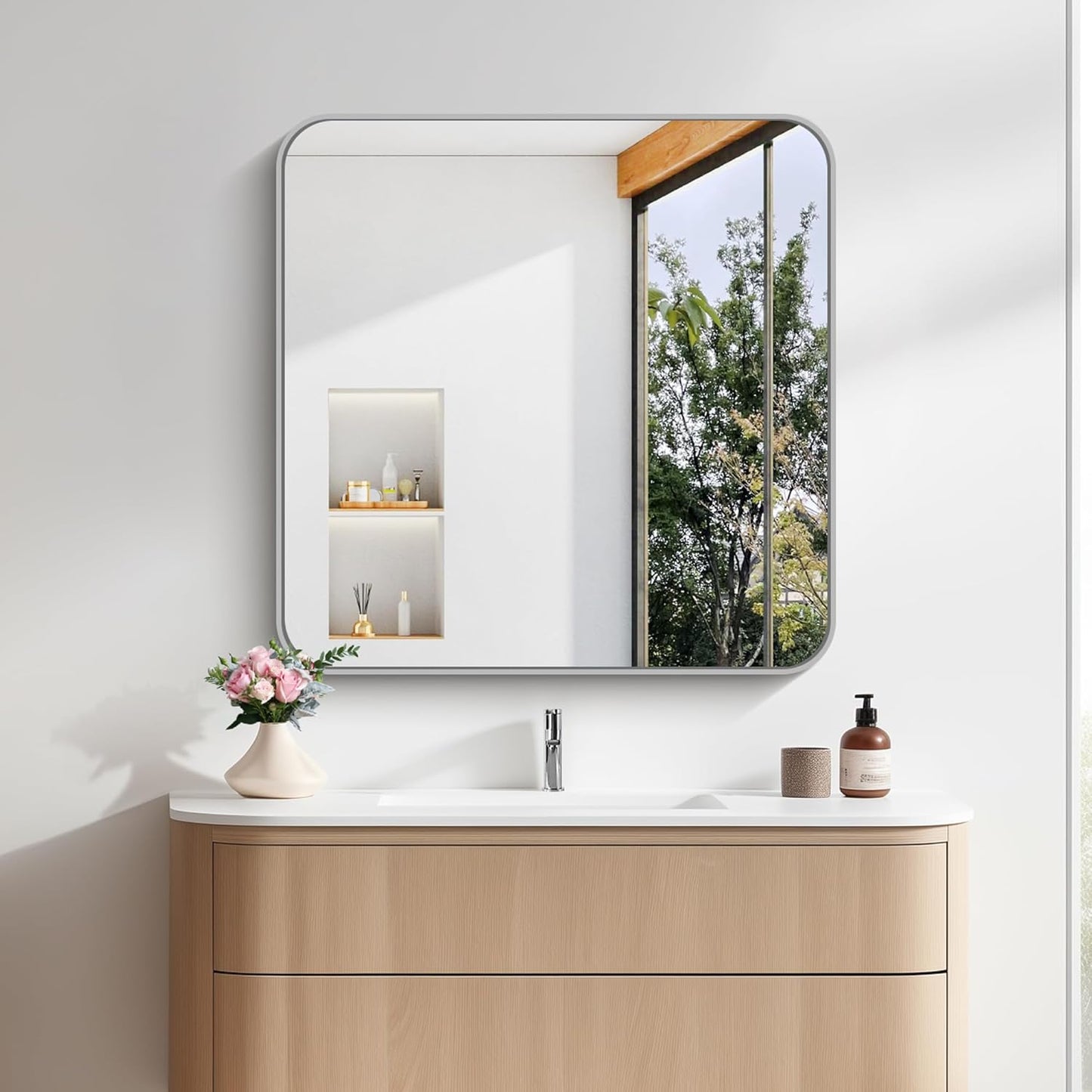FORBATH 30x30 Inch Silver Bathroom Mirror for Over Sink, Large Square Wall Mirror with Metal Frame, Rounded Corners for Bathroom, Bedroom, Entryway Decor (Horizontal or Vertical)