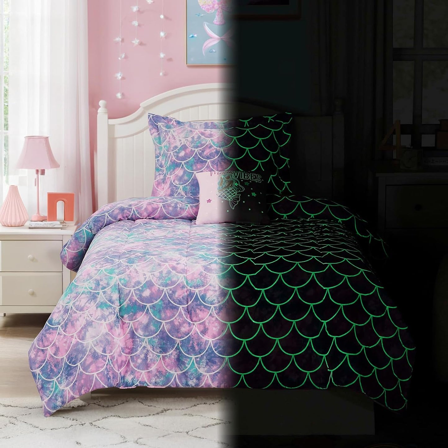 Full Size Comforter Set for Girls-4 Pieces Mermaid Glow in The Dark Full Bedding Sets for Kids, 1 Comforter, 2 Shams and 1 Decor Pillow