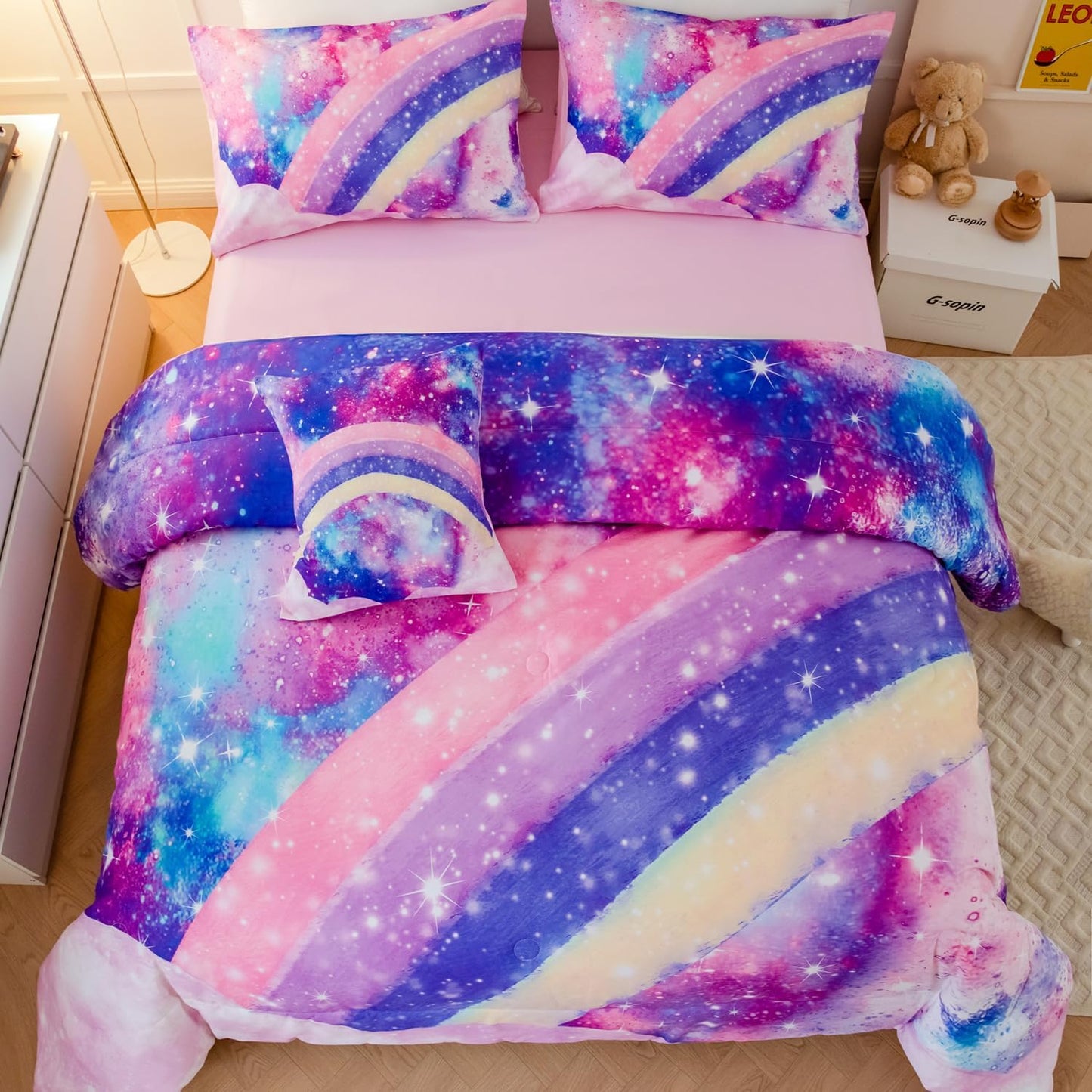 ANGIYUIN 6 Pcs Tie Dye Pink Twin Comforter Set for Girls Rainbow Galaxy Gradient Bed in A Bag Pastle Nebula Kids Bedding Set with Sheets, Comforter and Pillowcases for All Season
