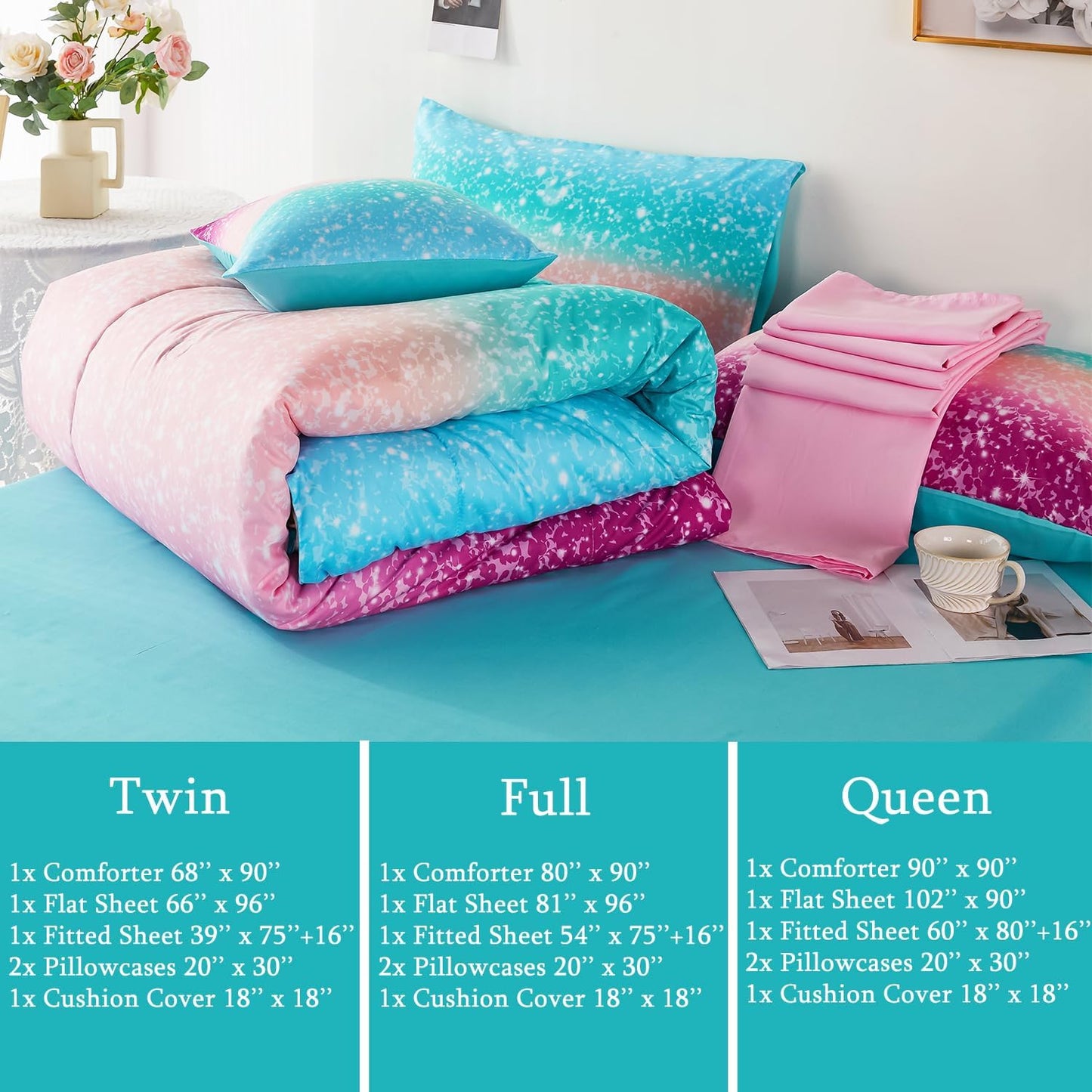 URBONUR 6Pcs Glitter Comforter Set for Girls Queen Size Gradient Tie Dye Purple Blue Bedding Set Comforter with Sheet Set, Ultra Soft and Breathable Kids Bed Set for Teen Girl