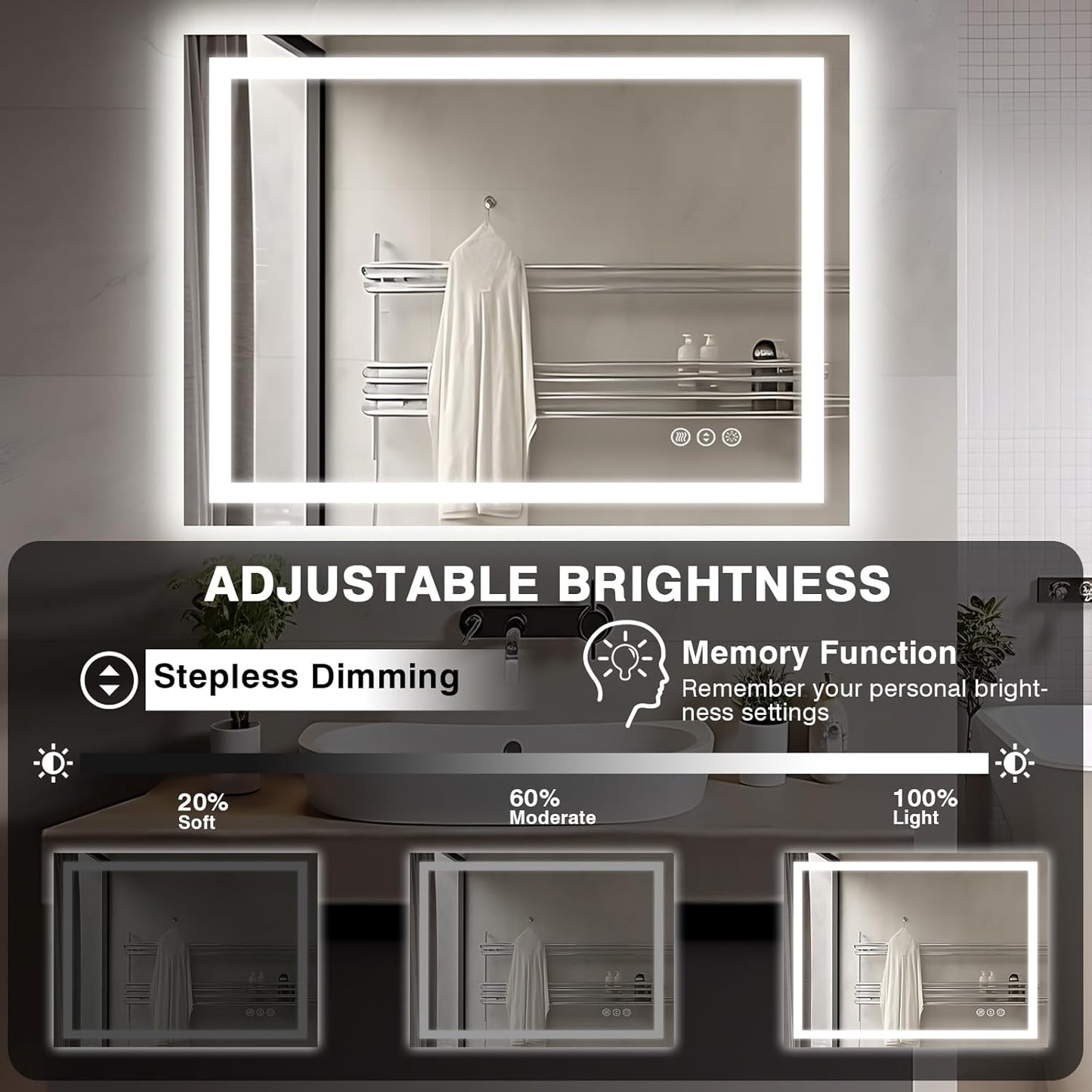 40"x30" LED Lights Bathroom Mirror with Front Lit and Backlit, Anti-Fog Vanity Mirror with Lights, Stepless Dimmable Lighted Mirror, 3 Colors Smart Mirror (Horizontal/Vertical)