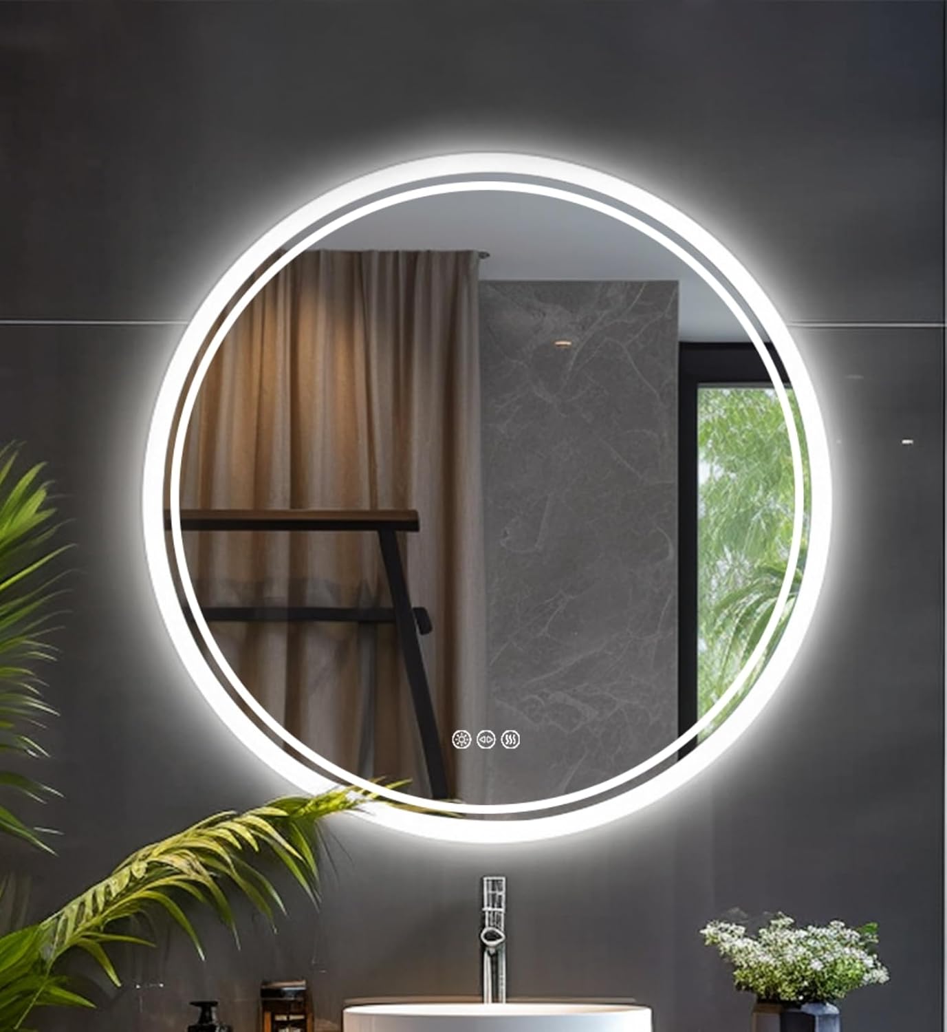 LUVODI Lighted LED Bathroom Mirror: 24”Round Wall Mounted Large Lighted Makeup Mirror with Bright Back Lit - Illuminated Dimmable 3 Colors Vanity Mirrors with Demister Pad Smart Touch Switch