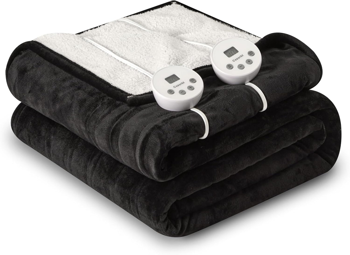 Heat Blanket 84”x90” Queen Size-Dual Control，Soft Flannel & Sherpa Reversible Electric Blanket with 10 Heat Settings,12 Timer Setting and 8 Hours Auto-Off,ETL Certified Machine Washable,Black
