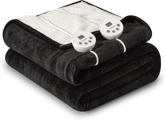 Heat Blanket 84”x90” Queen Size-Dual Control，Soft Flannel & Sherpa Reversible Electric Blanket with 10 Heat Settings,12 Timer Setting and 8 Hours Auto-Off,ETL Certified Machine Washable,Black