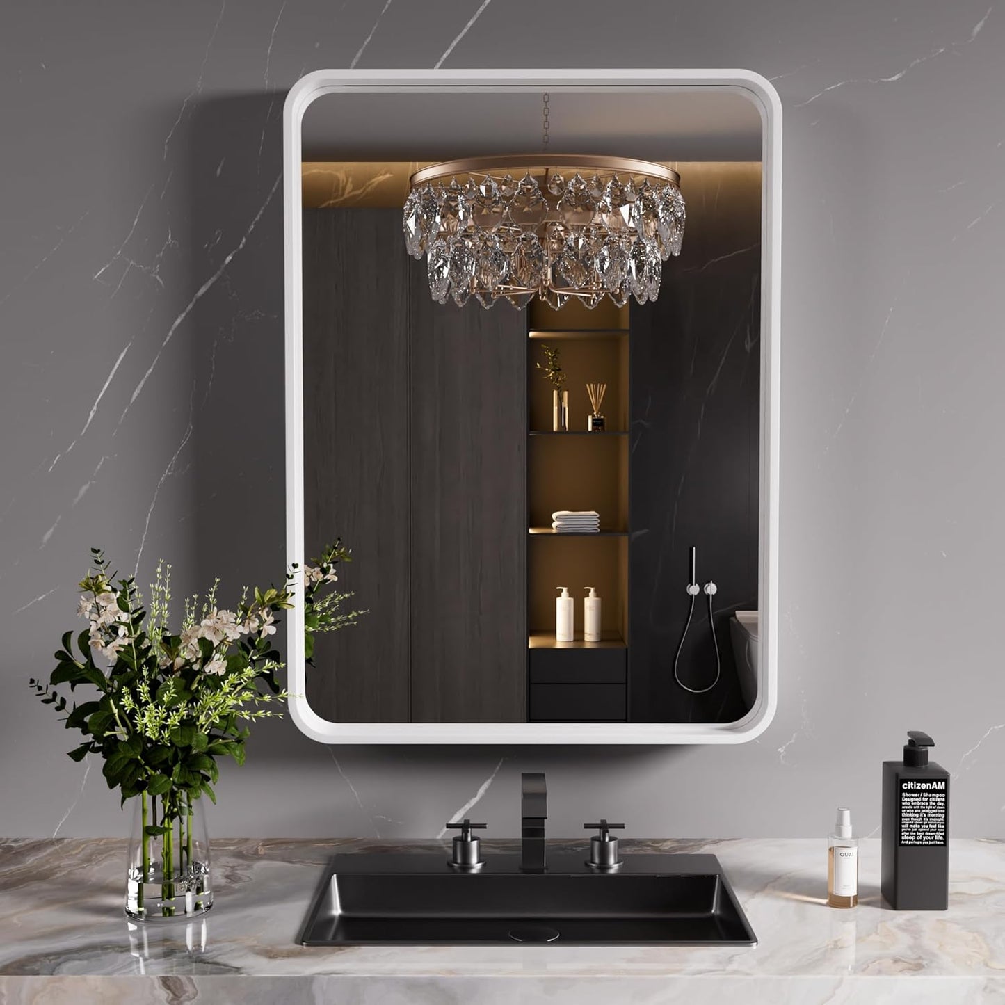White Bathroom Mirror 20x30 Inch, White Metal Framed Bathroom Mirror for Wall, Rounded Rectangle Matte Bathroom Vanity Mirror, Tempered Glass, Anti-Rust, Horizontal/Vertical