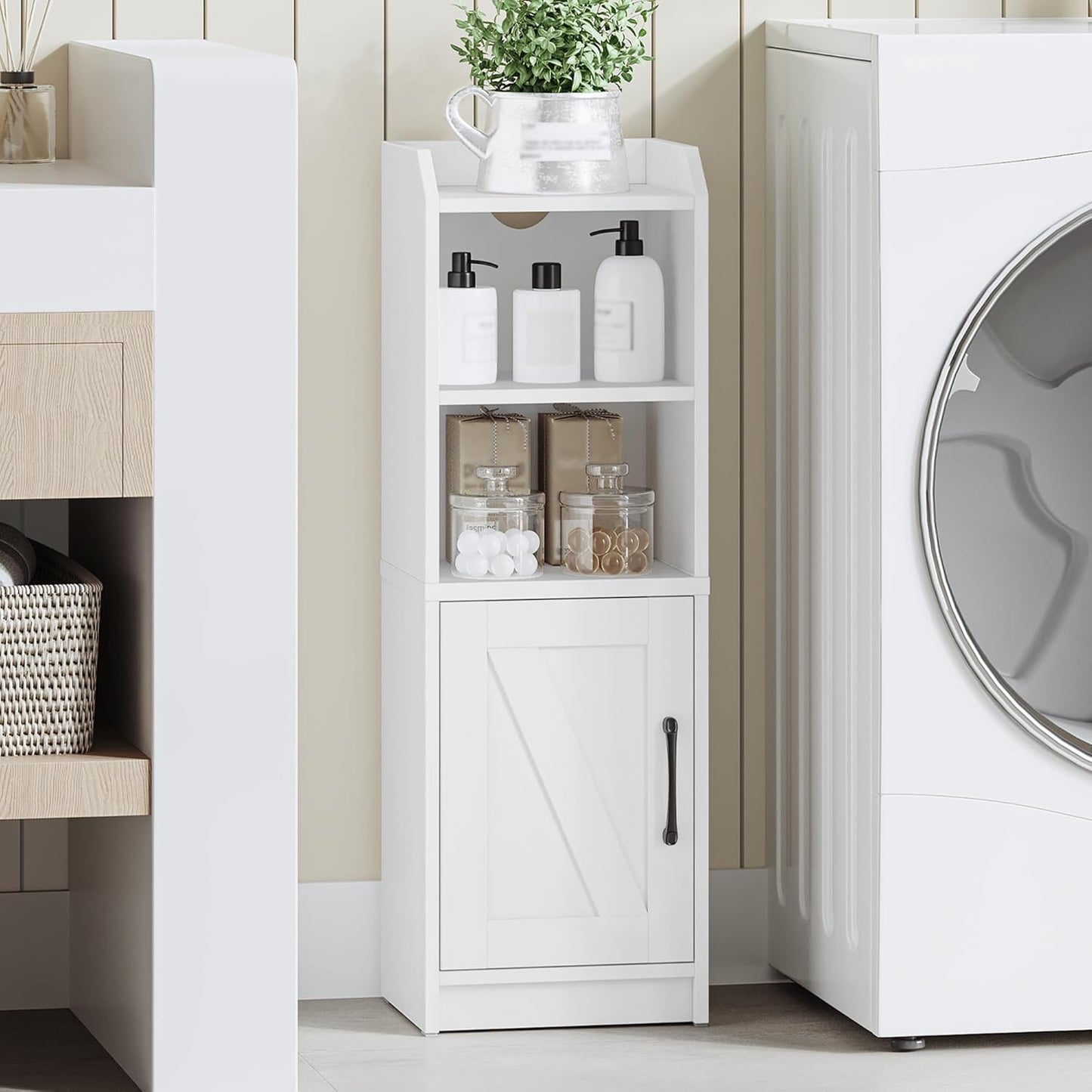 Bathroom Storage Cabinet, Small Farmhouse Corner Floor Cabinet with Door and Shelves, Narrow Toilet Paper Holder Stand, Bathroom Organizer with Adjustable Shelf, for Small Spaces, White