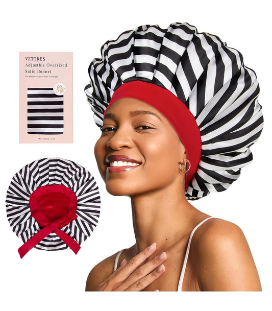 Floral Satin Bonnet For Sleeping Women Double Layer Pleated Design Adjustable Shower Cap For Curly Hair Black White Stripes