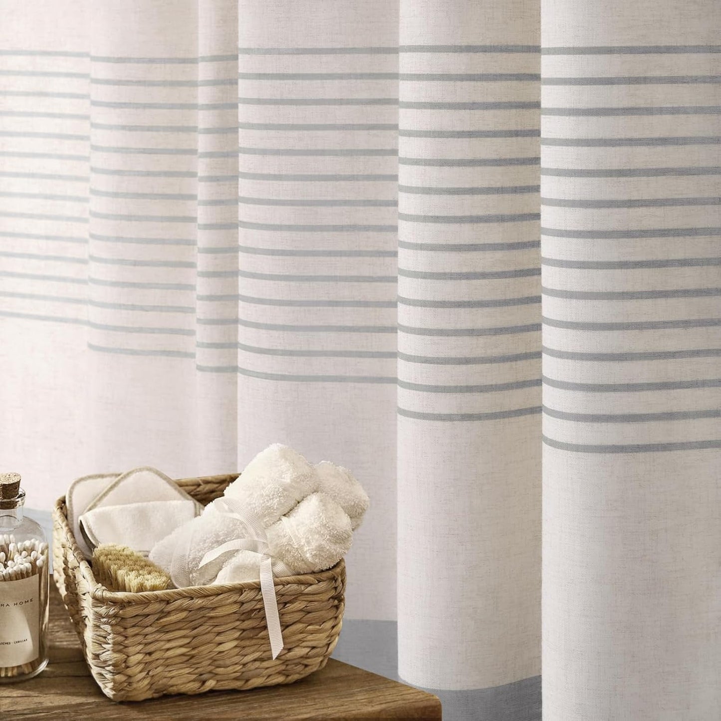 Awellife Farmhouse Grey Shower Curtain for Bathroom Linen Texture Stripe Tassel Shower Curtain 48 X 72 Inches Neutral