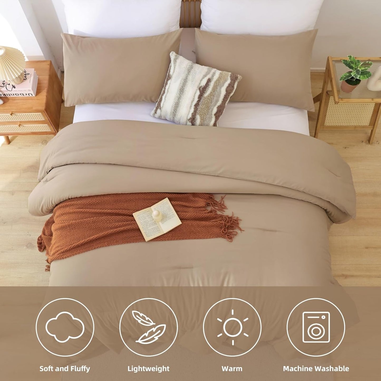 ROSGONIA Oversized Queen Comforter Taupe Brown, 3pcs (1 Comforter & 2 Pillowcases) Lightweight Oversized Queen Comforter Sets Bedding Blanket Quilts