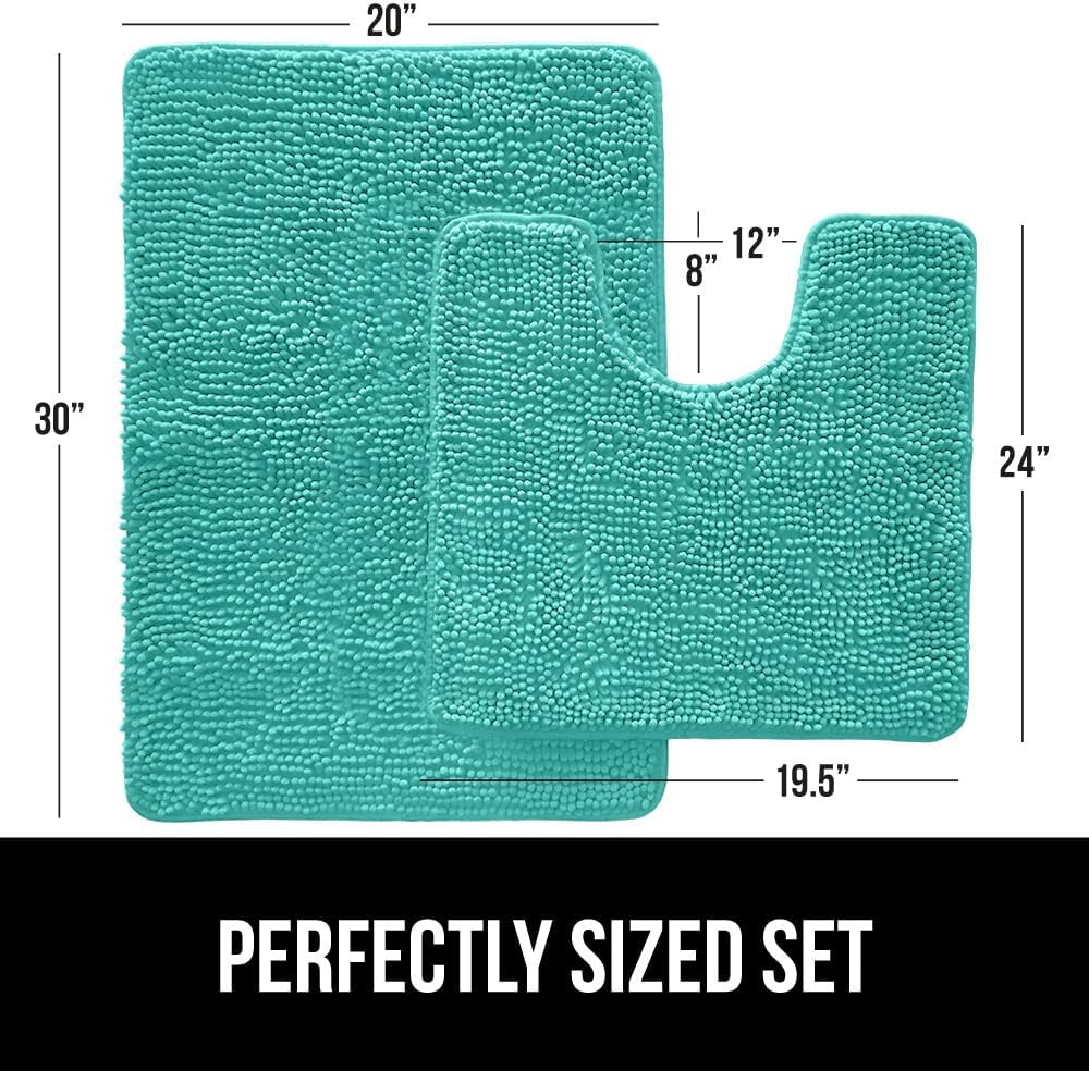 GORILLA GRIP Bathroom Rug Sets, Soft Chenille 2 Piece Area Rugs Set, Toilet Base Mat and 30x20 Carpet, Absorbent Microfiber Washable Mats Dry Quickly, Home Décor and Bath Room Accessories, Turquoise