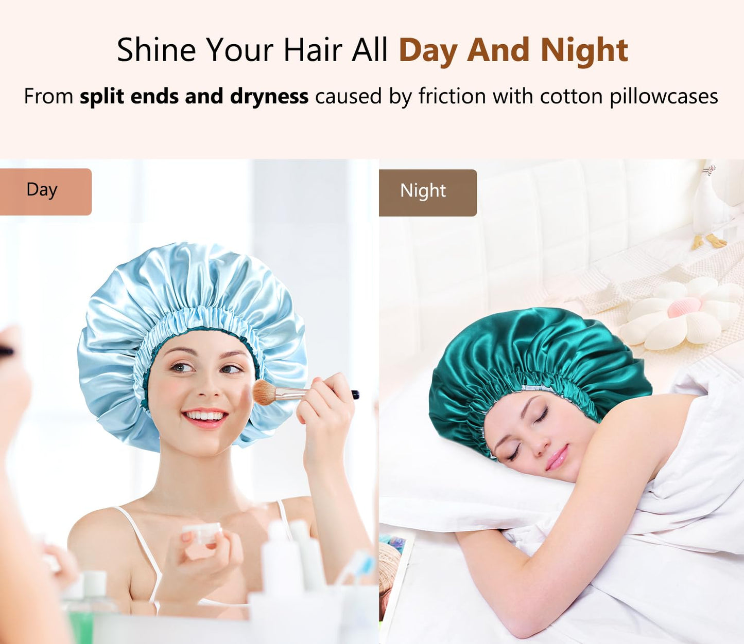 mikimini Satin Bonnet for Sleeping,Pack of 2,Green+Light Blue,Silk Bonnet for Women Long Curly Hair,Reversible Double-Layer Sleeping Hair Bonnet Extra Large Stretchy Sleep Hair Caps