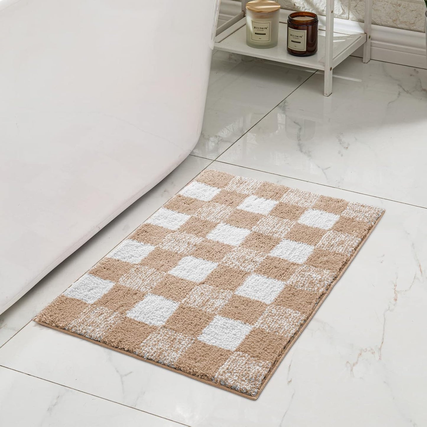 CozeCube Bath mats for Bathroom Non Slip, Fluffy Absorbent Microfiber Bath mat Washable, Aesthetic Bathroom Rugs, Large Beige Checkered Bath mat, Beige, 36" x 24"