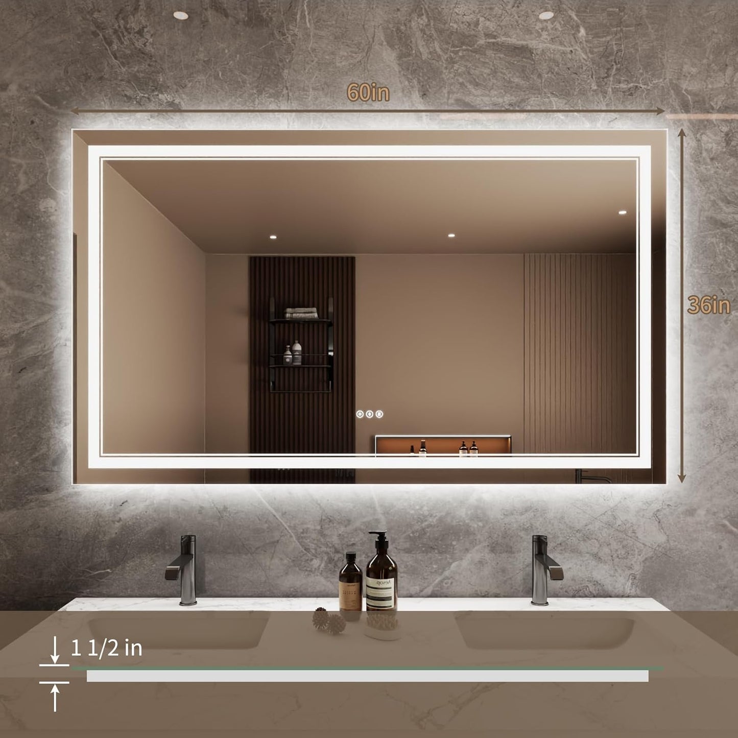Bathroom Mirror with Lights 36"X60" with Front Light and Backlit, Tempered Glass, Wall Mount Horizontal/Vertical, Stepless Dimmable, 3 Colors, Anti Fog, Bathroom Memory LED Mirror