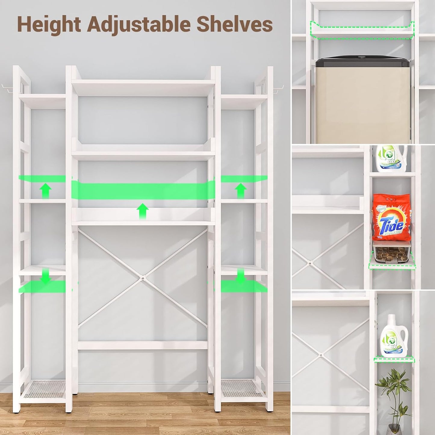 Over The Toilet Storage with 2 Drawers - 11 Tier Bathroom Organizer Freestanding Space Saver Storage Rack with Adjustable Shelf Above Toilet Stand with 4 Hooks for Restroom, Laundry, White