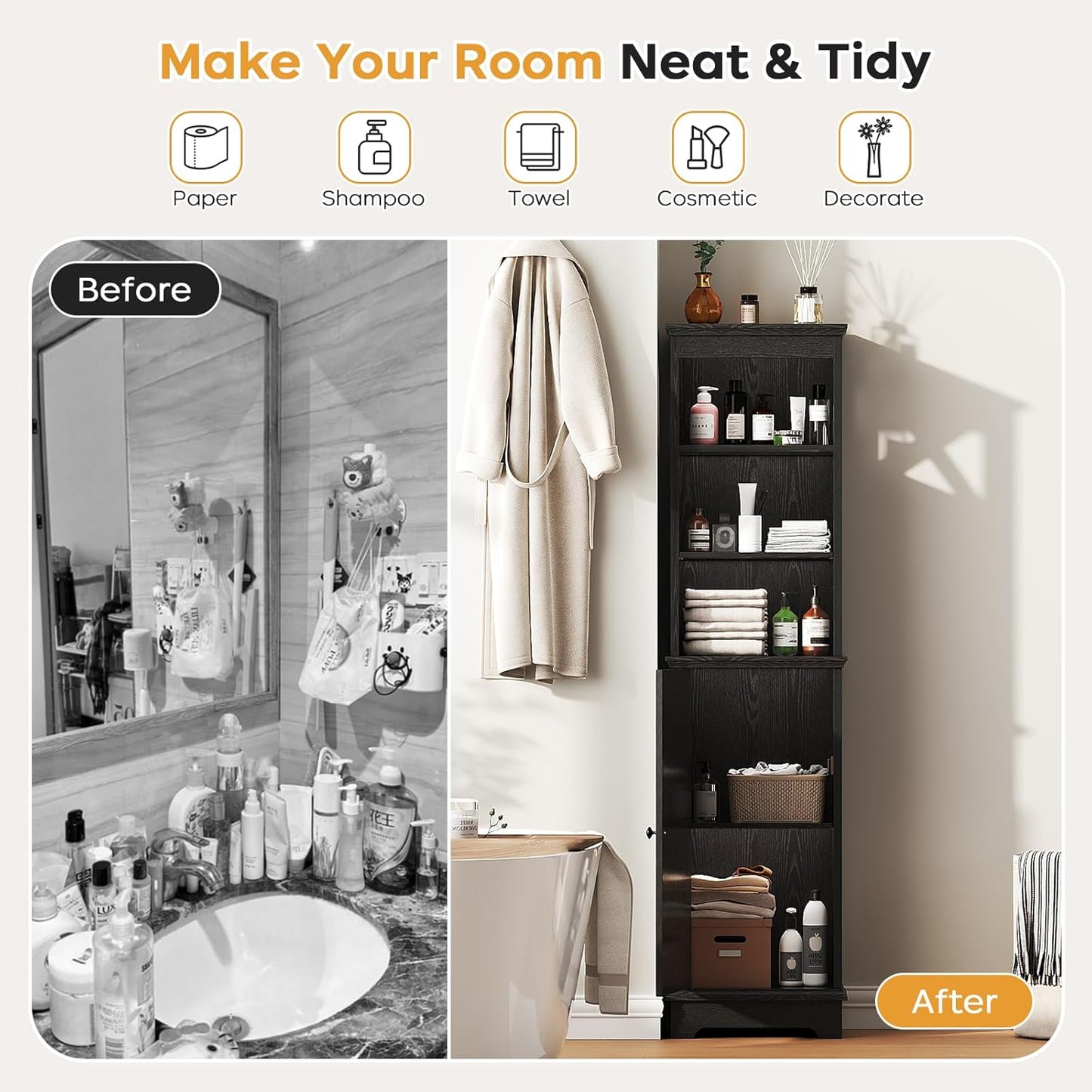 Tall Bathroom Storage Cabinet with Door and Open Adjustable Shelves, 60.9" H Wooden Tower Corner Narrow Farmhouse Cabinet, Freestanding Organizer for Kitchen, Entryway Black
