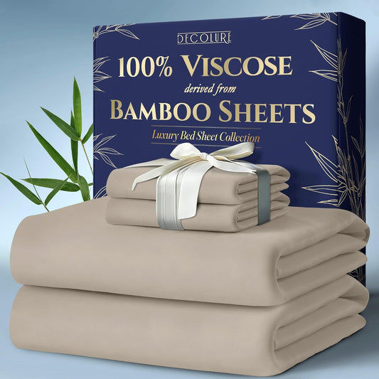 DECOLURE 100% Viscose Derived from Bamboo Sheets King Size 4pcs - Ultra Soft & Luxuriously Cooling, 17" Deep Pocket, Double Stitching, Perfect for Hot Sleepers - King Bed Sheets (Taupe)
