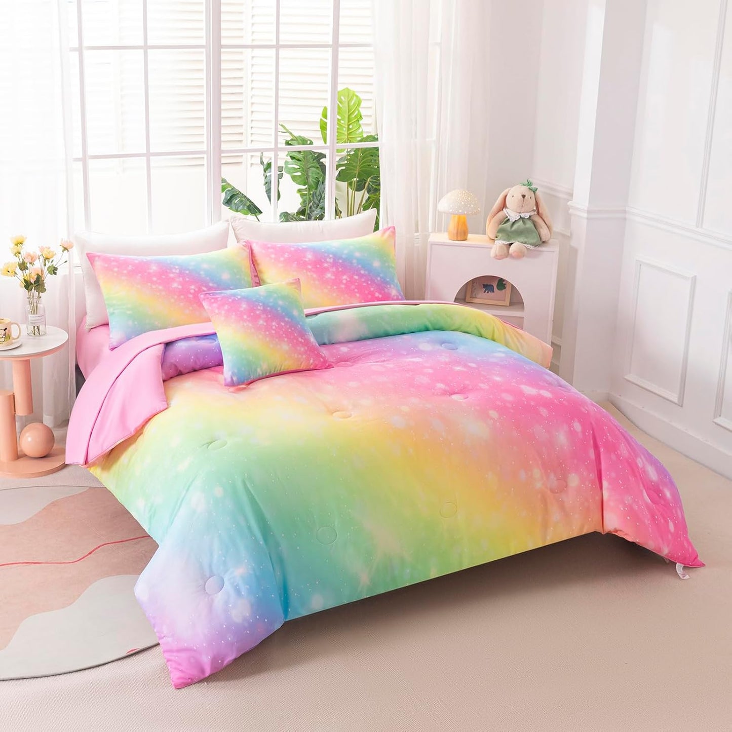 4Pcs Rainbow King Comforter Set for Kids Girls Teens Women Tie Dye Pastel Bedding Set King Size Stars Glitter Soft & Breathable Kids Bed for Gift Bedroom Decor