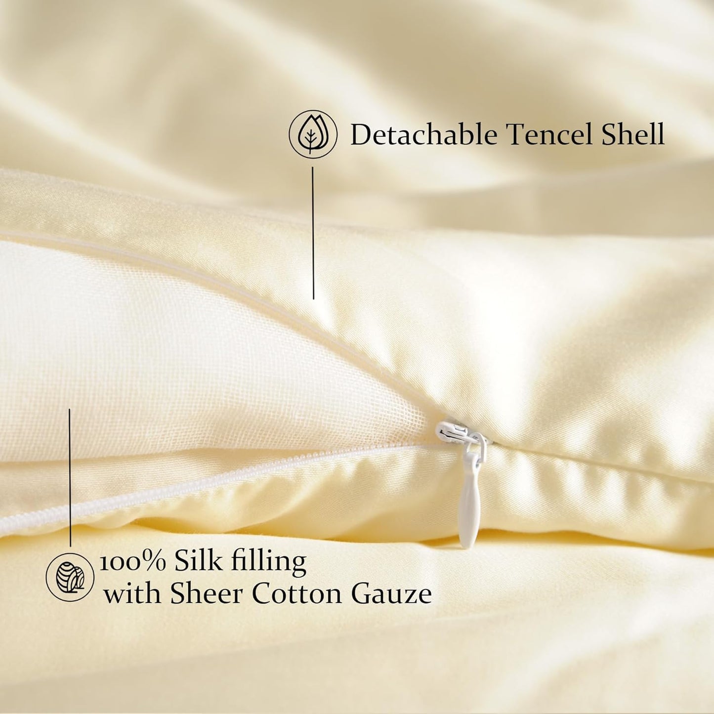 CUDDLE DREAMS Silk Filled Comforter for All Season, Detachable Tencel Duvet Cover for Easy Care, Naturally Breathable (Ivory, Queen)