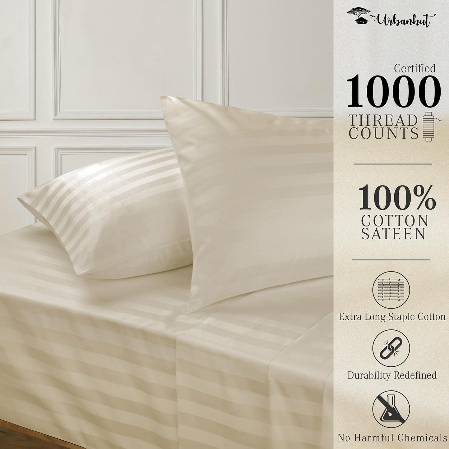 URBANHUT 1000 Thread Count Egyptian Cotton Damask Striped California King Sheets, Long Staple Soft & Breathable, 4 Pc Bed Sheet Sets, Luxury Hotel Sateen Sheets Fits 16" Deep Pocket - Ivory