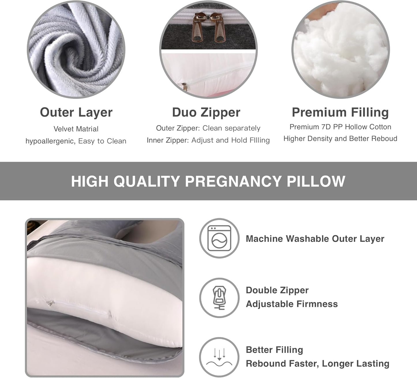 ALLOPERA Pregnancy Pillow, Full Body Maternity Pillow 57 inch, with Removable Washable Cover - Sleep Support for Legs, Back, Neck, Shoulder, HIPS, Belly for Pregnent Women, Velvet Cover(Grey)