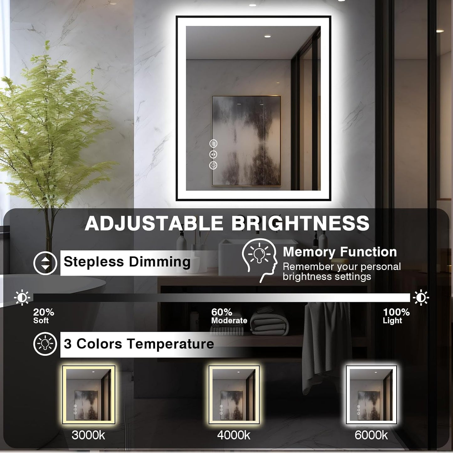 32x36 LED Bathroom Mirror - Black Border (Front and Backlit), Anti-Fog Vanity Mirror with Lights,Stepless Dimmable Illuminated Mirror,3 Colors Smart Mirror(Horizontal/Vertical)
