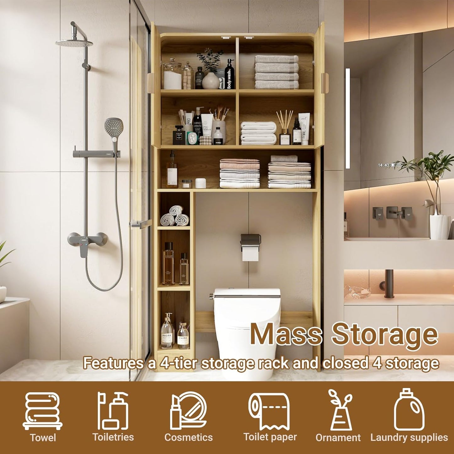 Over The Toilet Storage Cabinet, Farmhouse Bathroom Organizers and Storage with Fluted Doors & 8 Storage Compartments，Home Space-Saving Toilet Rack, for Bathroom, Restroom and Laundry
