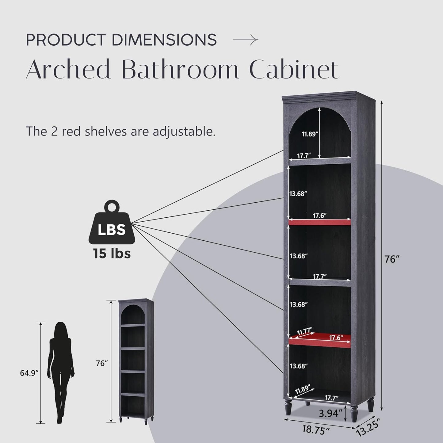 76" Tall Arched Bathroom Storage Cabinet, 5 Tiers Narrow Farmhouse Arched Cabinet w/Adjustable Shelves, Modern Wooden Storage Cabinet for Bathroom, Living Room, Entryway, Study Room (Dark Grey)