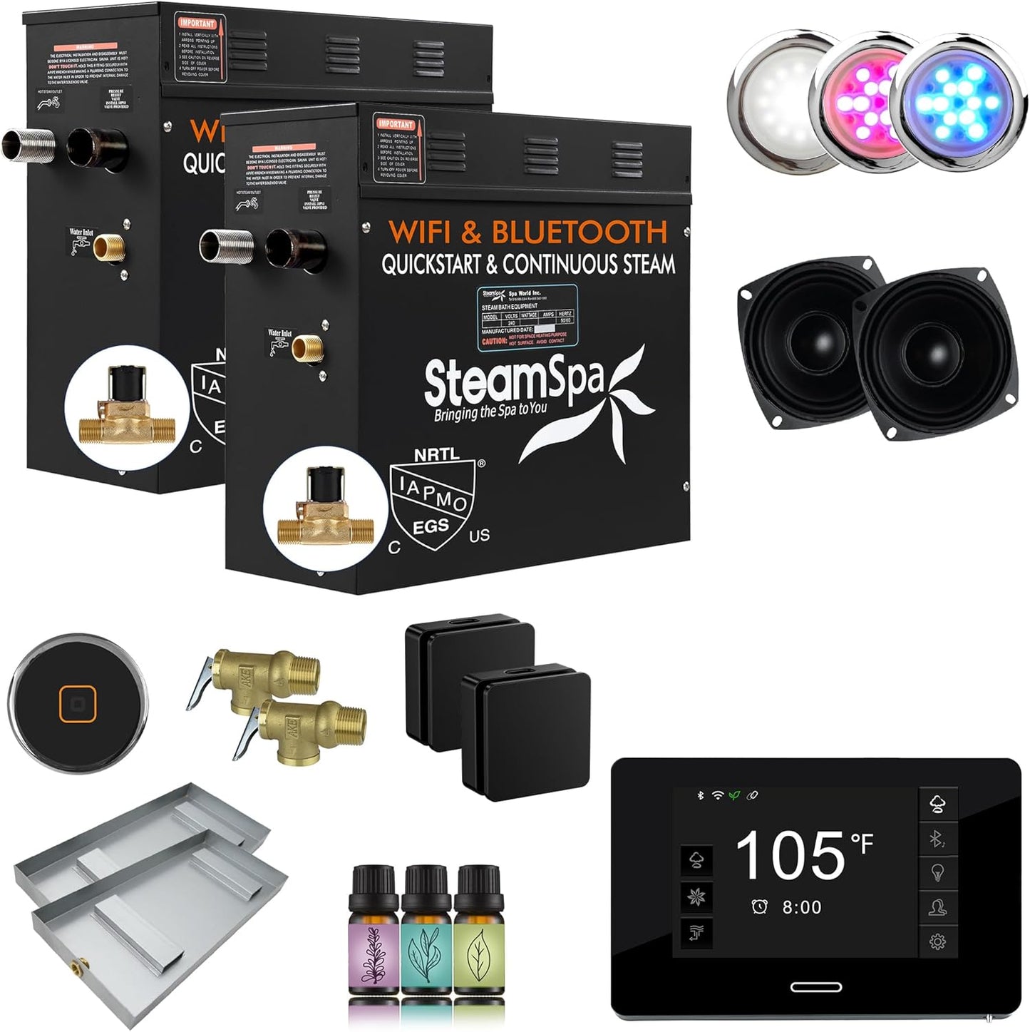 SteamSpa Steam System 15kW Steam Shower Generator with Bluetooth Wifi, Quickstart Continous Steam, Advanced Touch Pad Screen, Chroma Lights, Drain Pan and Auto Drain Black RVBS1500BK-A