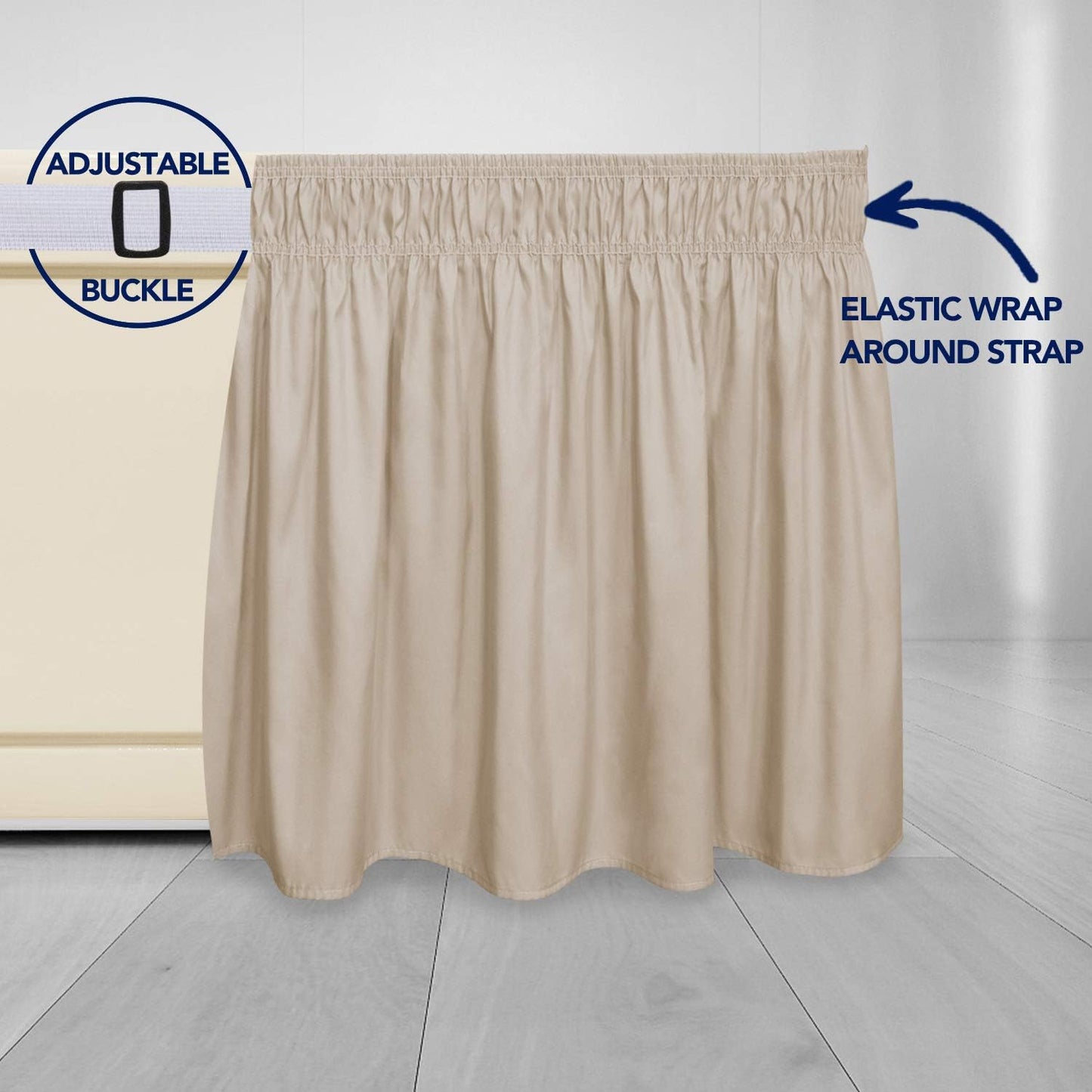 PureFit Wrap Around Ruffled Bed Skirt with Adjustable Elastic Belt - 14 Inch Drop Easy to Put On, Wrinkle Free Bedskirt Dust Ruffles, Bed Frame Cover for Twin, Twin XL and Full Size Beds, Beige