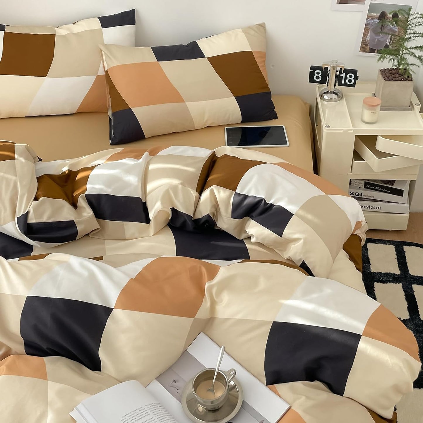 KAREVER Checkerd Comforter Brown Twin Multicolored Grid Bedding Kids Khaki Grid Bed Blanket White Black Plaid Buffalo Girls Twin Bedding Comforter All Season Hotel Quality