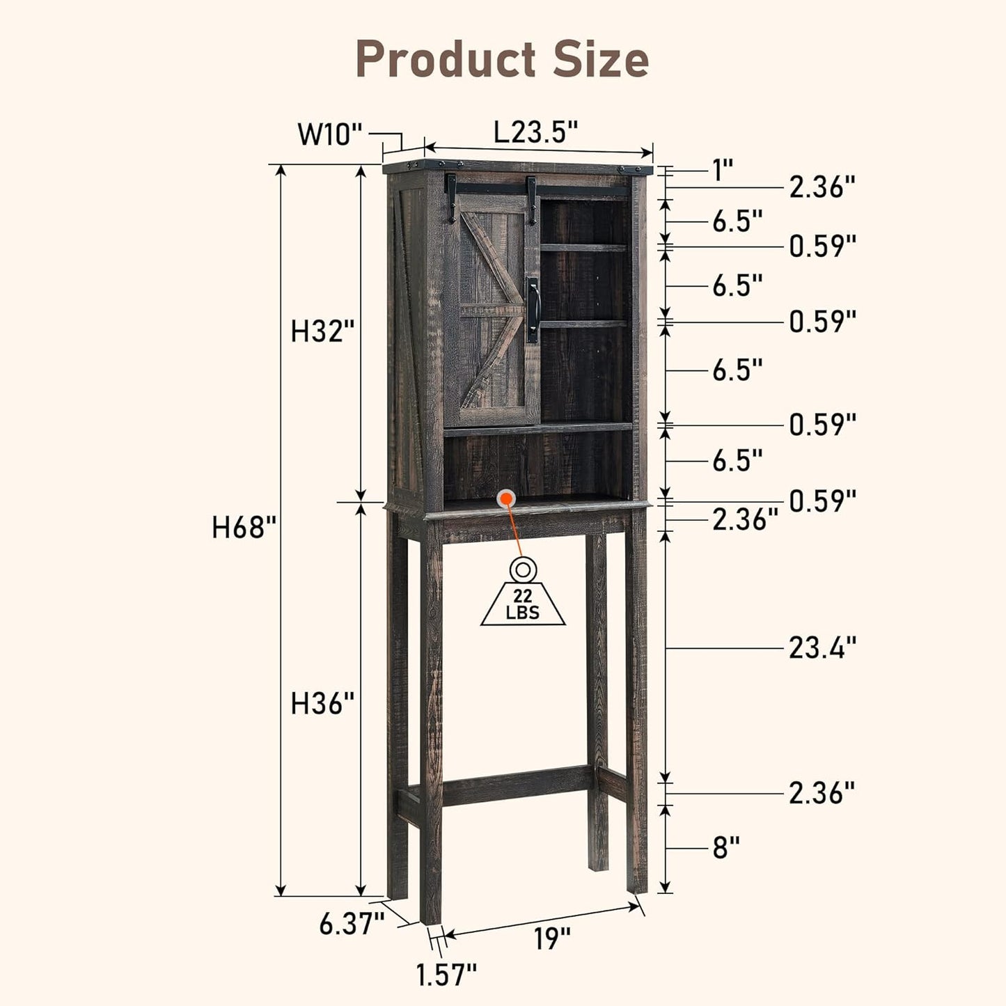 RedLemon Farmhouse Over The Toilet Storage Cabinet, 68" Tall with Sliding Barn Doors & Adjustable Shelves, Rustic Above Toilet Storage Cabinet, Dark Rustic Oak