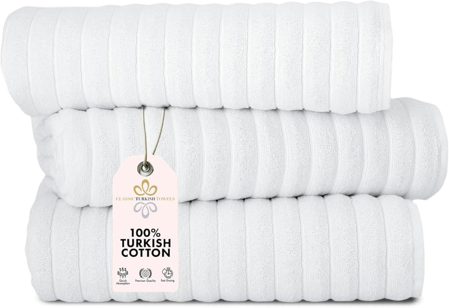 Classic Turkish Towels CTT - Luxury 3 Piece Jumbo Bath Sheets, 100% Turkish Cotton, Absorbent & Ultra Comfy Bath Towel Sheets for Hotels & Spa | 40"x65" (White)