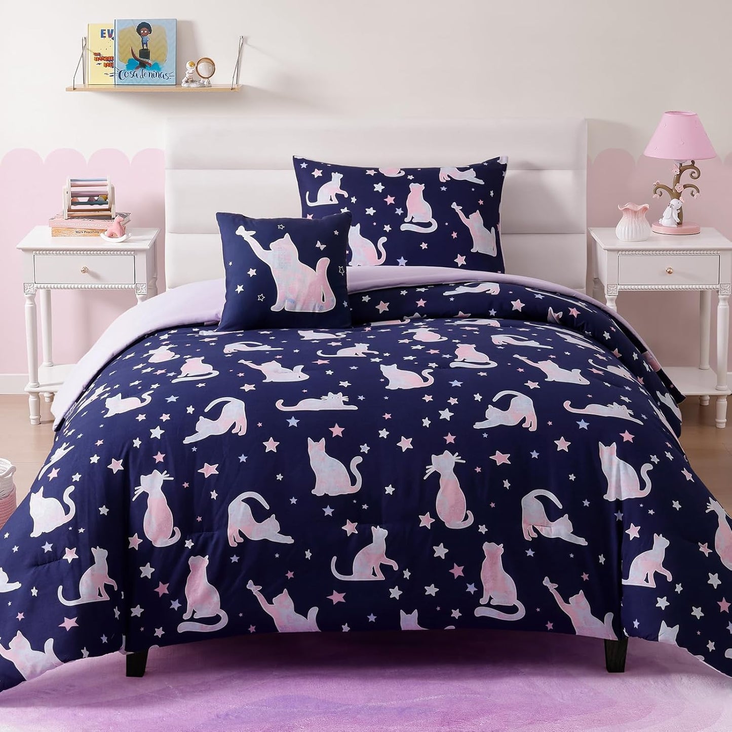 Twin Comforter Set for Girls-3 Pieces Cute Cat Twin Bedding Sets for Kids,1 Comforter,1 Sham and 1 Decor Pillow