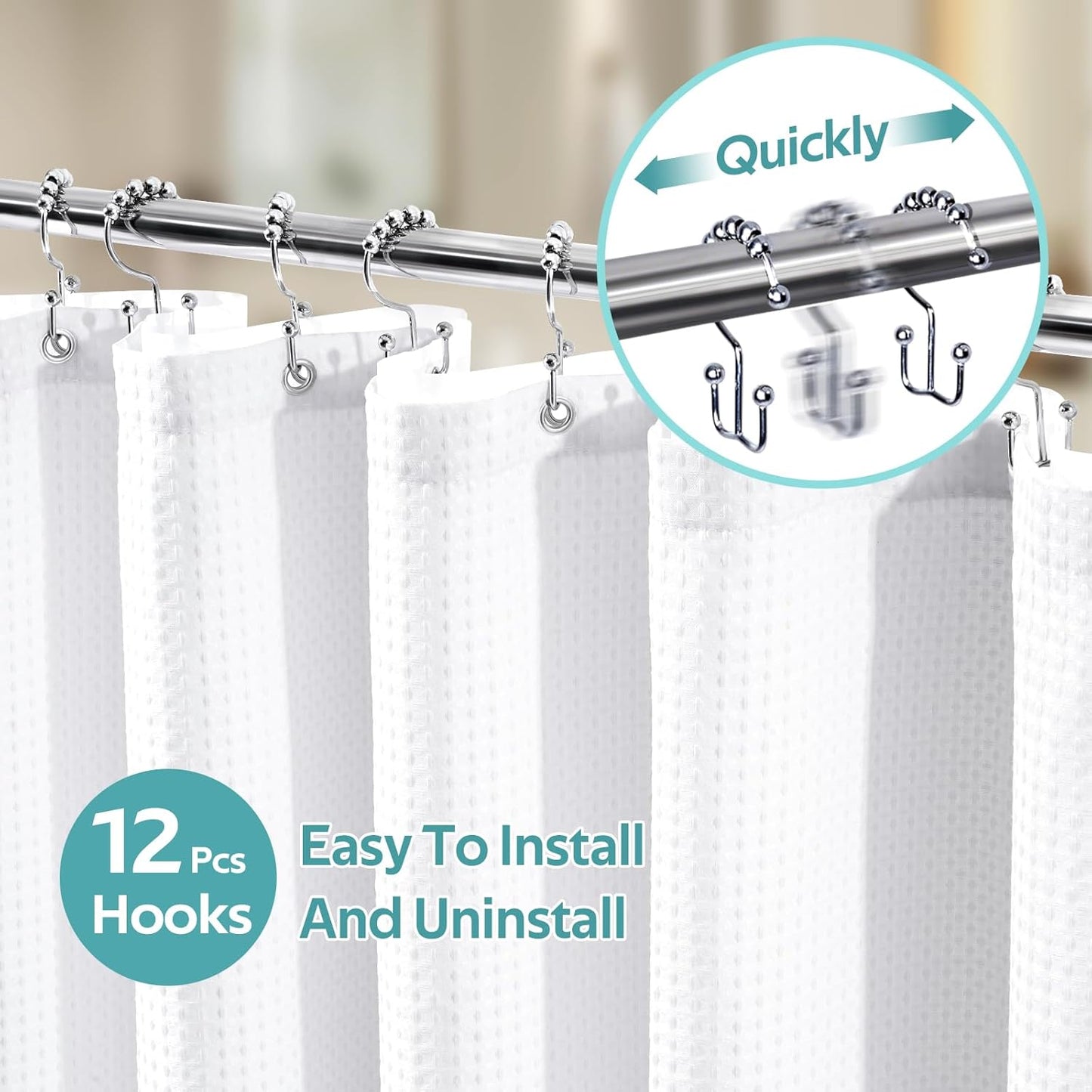 3 in 1 Shower Curtain Set, Waffle Shower Curtain and Liner Set with 12 Double Sided Shower Curtain Hooks, 258GSM Luxury Weighted Cloth Shower Curtains for Bathroom, 72 W x 72 H, White
