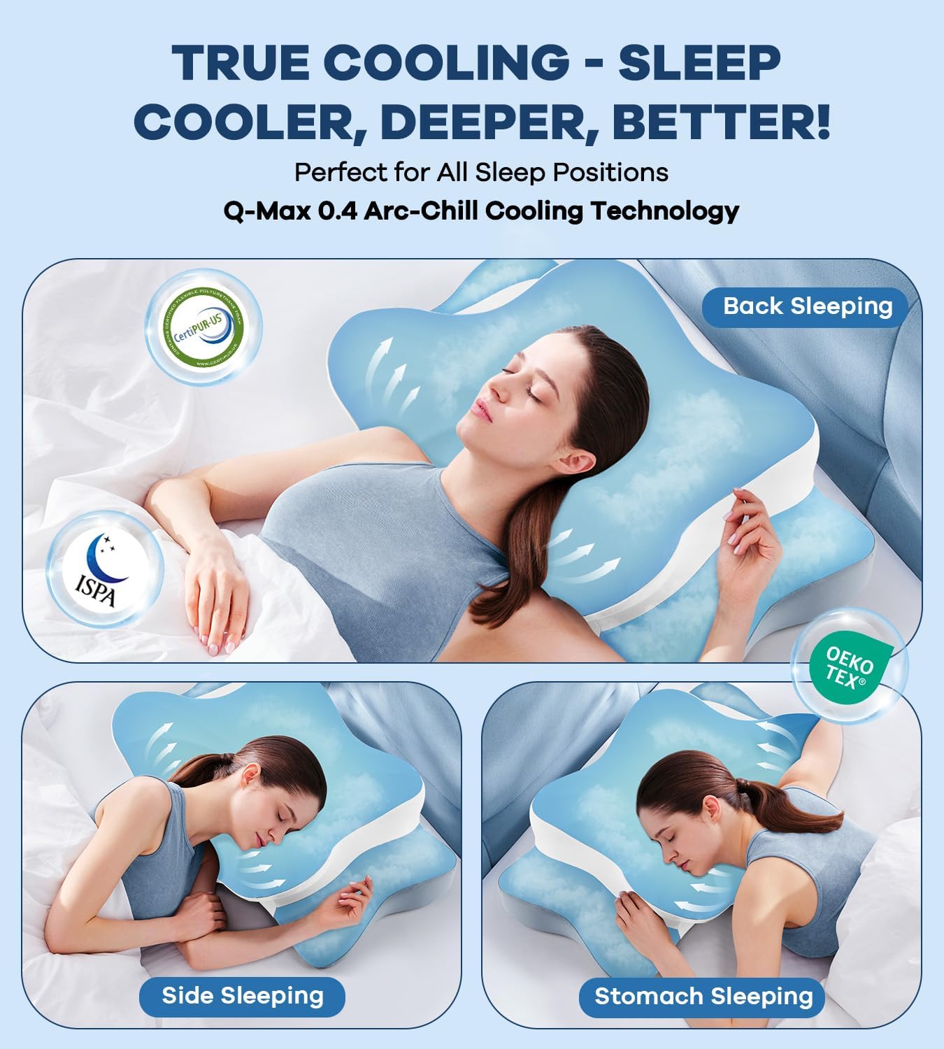 Cervical Pillow for Neck Pain Relief -Cooling Ergonomic Memory Foam Pillow with Ice Silk Pillowcase, Dual-Height Orthopedic Support Contour Pillow for Side/Back/Stomach Sleepers, CertiPUR-US Certified