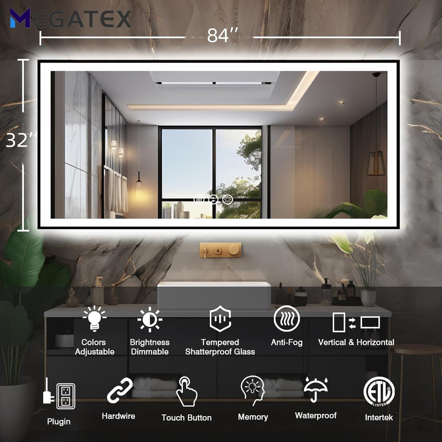 84x32 LED Bathroom Mirror, Black Aluminum Framed, Backlit + Front-Lit, 3 Colors Temperature Changeable, Dimmable Vanity Mirror, Tempered Glass, Defog, Waterproof, Memory (Horizontal/Vertical)