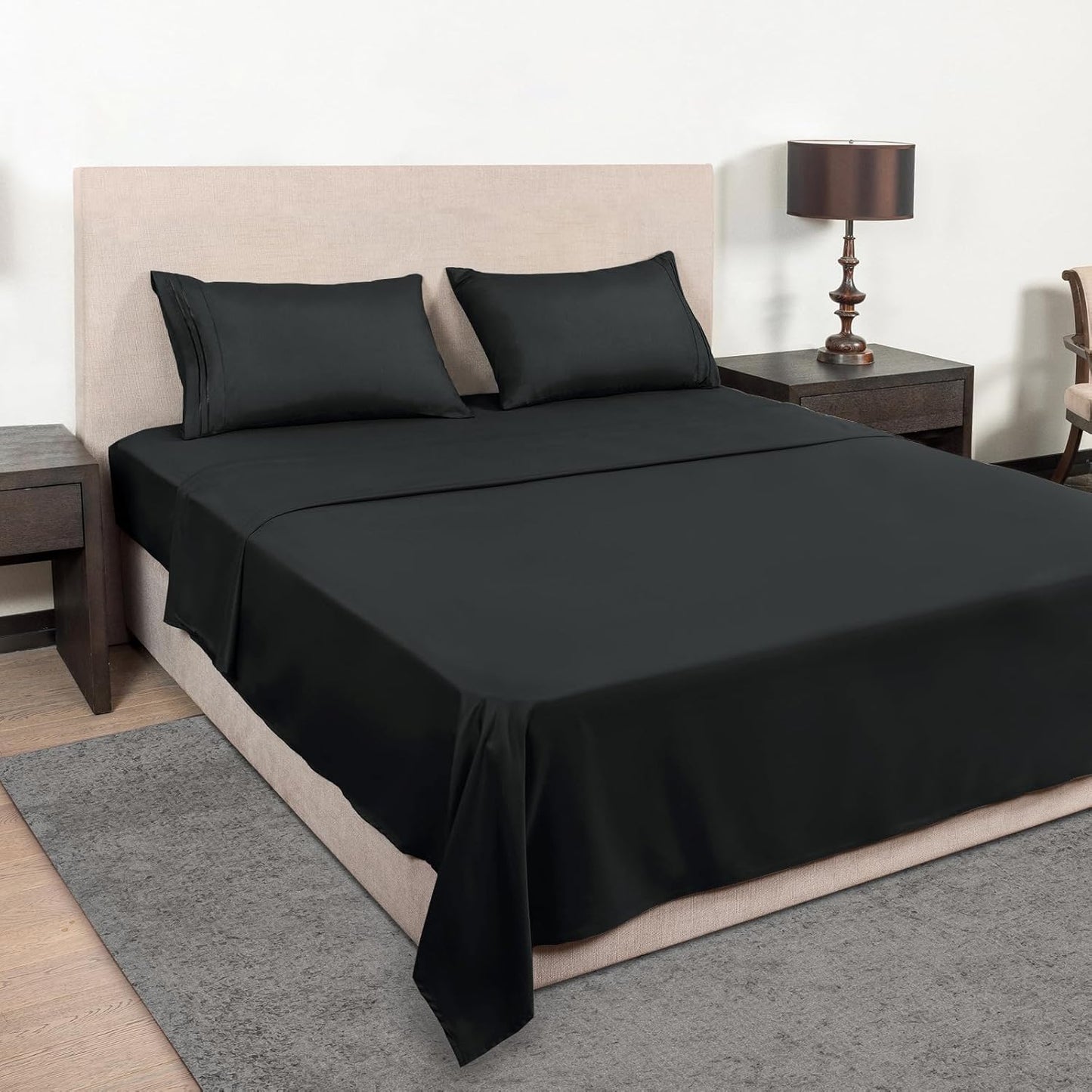 Mejoroom Queen Size Sheet Set - Hotel Luxury 1800 Bedding Sheets & Pillowcases - Deep Pocket Fitted Sheet, Soft, Breathable, Wrinkle & Fade Resistant - 4 Piece (Queen, Black)